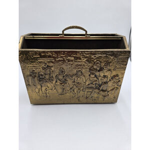 Vintage Embossed Brass Magazine Rack Tavern Scene Mid Century Dutch Style...